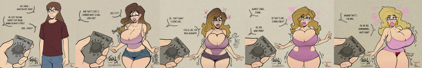 absurdres before_and_after bimbofication blonde_hair blue_eyes blush brain_drain breast_expansion breasts brown_hair cleavage comic confused crop_top english_text femsub glasses happy_trance heart_eyes huge_breasts jakalovid large_breasts large_lips lip_expansion lipstick looking_at_viewer midriff panties pink_lipstick pov pov_dom remote_control short_shorts shorts signature simple_background smile spiral symbol_in_eyes tank_top tech_control text torn_clothes underwear