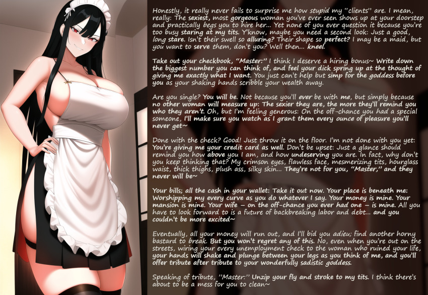 ai_art apron bare_shoulders black_hair bragging breasts caption caption_only cleavage dialogue english_text erection_command evil_smile femdom financial_domination headdress hourglass_figure huge_breasts hypnotic_breasts hypnotic_cuckolding jaaysiin_(manipper) large_hips long_hair looking_at_viewer maid maid_headdress male_pov malesub manip masturbation_command netorare novelai_(ai) pov pov_sub red_eyes ruined_life sideboob smile smug text thick_thighs thighhighs thighs turning_the_tables verbal_abuse