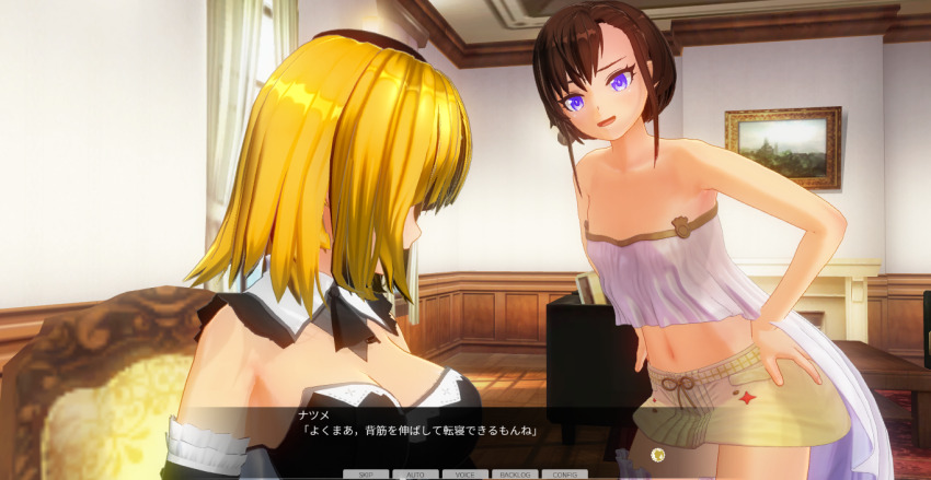 3d blonde_hair blue_eyes breasts brown_hair closed_eyes dialogue female_only kamen_writer_mc large_breasts mc_trap_town multiple_girls screenshot short_hair text translated