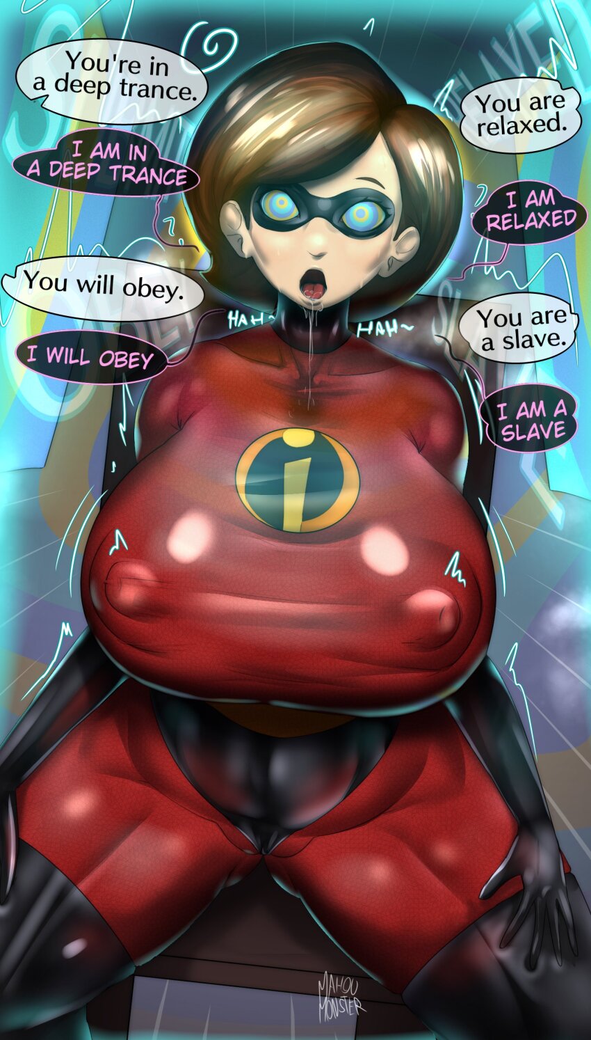 clothed disney drool elastigirl femsub helen_parr huge_breasts hypnotic_screen kaa_eyes latex mahoumonsterart milf open_mouth sitting subliminal tech_control text the_incredibles thick_thighs trembling