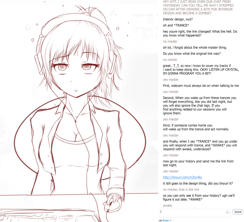 absurdres ambiguous_pov breasts caption crystal_(zko) dazed empty_eyes expressionless female_only femsub headphones large_breasts looking_at_viewer monochrome open_mouth original ponytail pov pov_dom short_hair sketch tech_control text unaware user_interface webcam zko