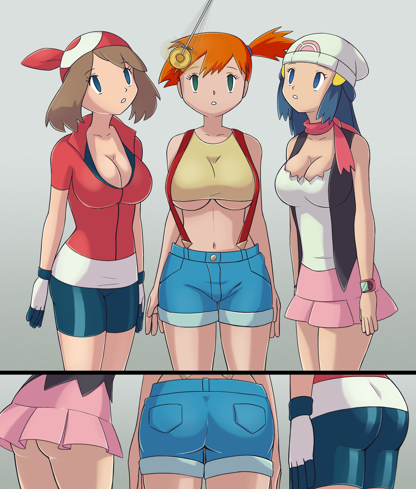 aged_up ass blue_hair breasts brown_hair cleavage coin dawn empty_eyes expressionless female_only femsub hat jean_shorts large_breasts long_hair may misty multiple_views nintendo open_mouth orange_hair pendulum pokemon pokemon_(anime) pokemon_diamond_pearl_and_platinum pokemon_ruby_sapphire_and_emerald short_hair skirt suspenders zelamir