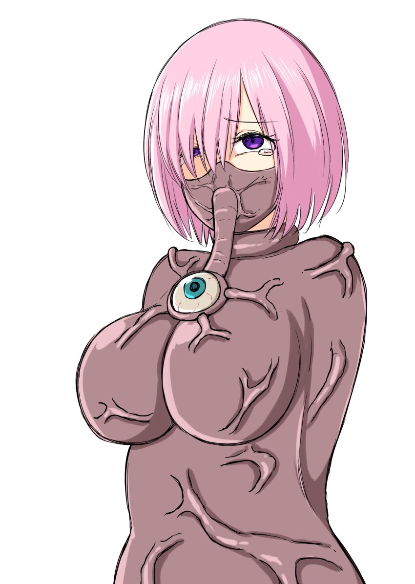arms_behind_back breasts corruption empty_eyes eye_roll face_mask fate/grand_order fate_(series) female_only femsub force_feeding hair_covering_one_eye living_costume mashu_kyrielight mian nightmare_fuel parasite pink_hair short_hair simple_background solo tears tentacles veins white_background