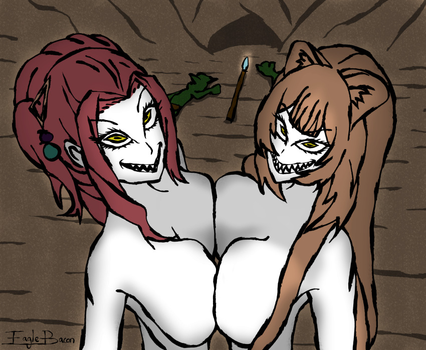 aura bare_shoulders black_eyes breast_press breasts character_request crystal eagle_bacon evil_smile eye_color_change femsub glowing goblin goblin_slayer green_skin long_hair looking_at_viewer mirelia_q_melromarc on_back open_mouth orange_hair pale_skin possession raphtalia red_hair sharp_teeth slit_pupils staff sub_on_sub symmetrical_docking the_rising_of_the_shield_hero yellow_eyes yellow_sclera yuri