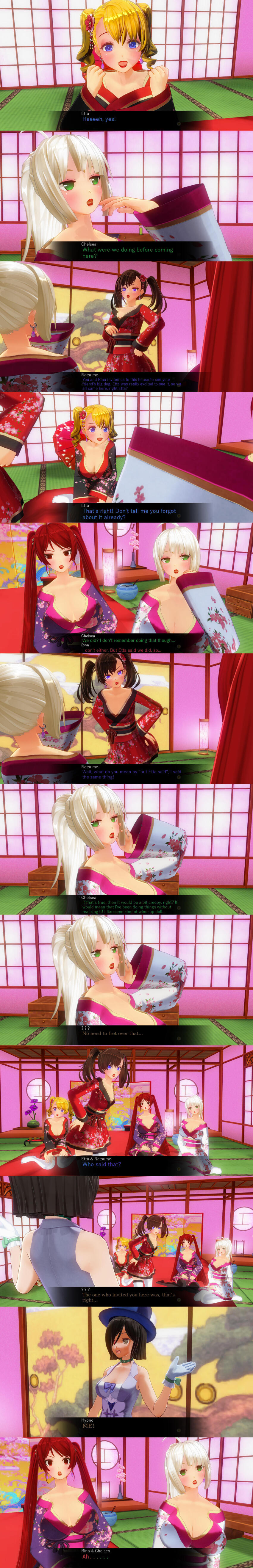 3d absurdres black_hair blonde_hair breasts brown_hair custom_maid_3d_2 empty_eyes english_text kamen_writer_mc large_breasts long_hair red_hair rina_(mc_trap_town) text white_hair