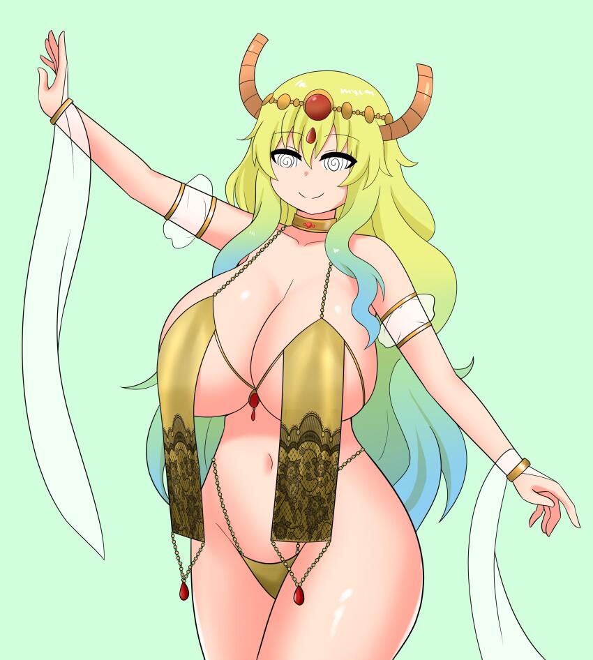 absurdres bracelet breasts choker cleavage dancing dragon_girl female_only femsub happy_trance harem_outfit horns large_breasts long_hair miss_kobayashi's_dragon_maid navel quetzalcoatl_(maidragon) simple_background smile solo spiral_eyes spiralwash_eyes symbol_in_eyes the_only_shoe