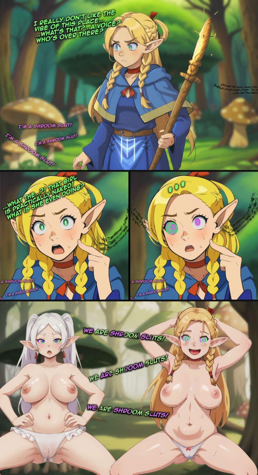 ai_art before_and_after blonde_hair braid breasts cameltoe choker delicious_in_dungeon dress earrings elf elf_ears frieren frieren:_beyond_journey's_end fungip_(generator) hair_ribbon hand_on_head hand_on_hip mantra marcille_donato navel open_mouth smile spiral_eyes spread_legs standing topless white_hair white_panties