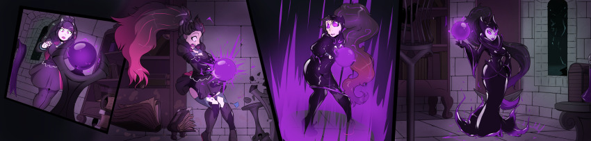 absurdres animal_ears before_and_after black_hair comic corruption crystal_ball female_only femsub helixjack hypnotic_orb latex long_hair magic original purple_sclera purple_skin slime thighhighs transformation