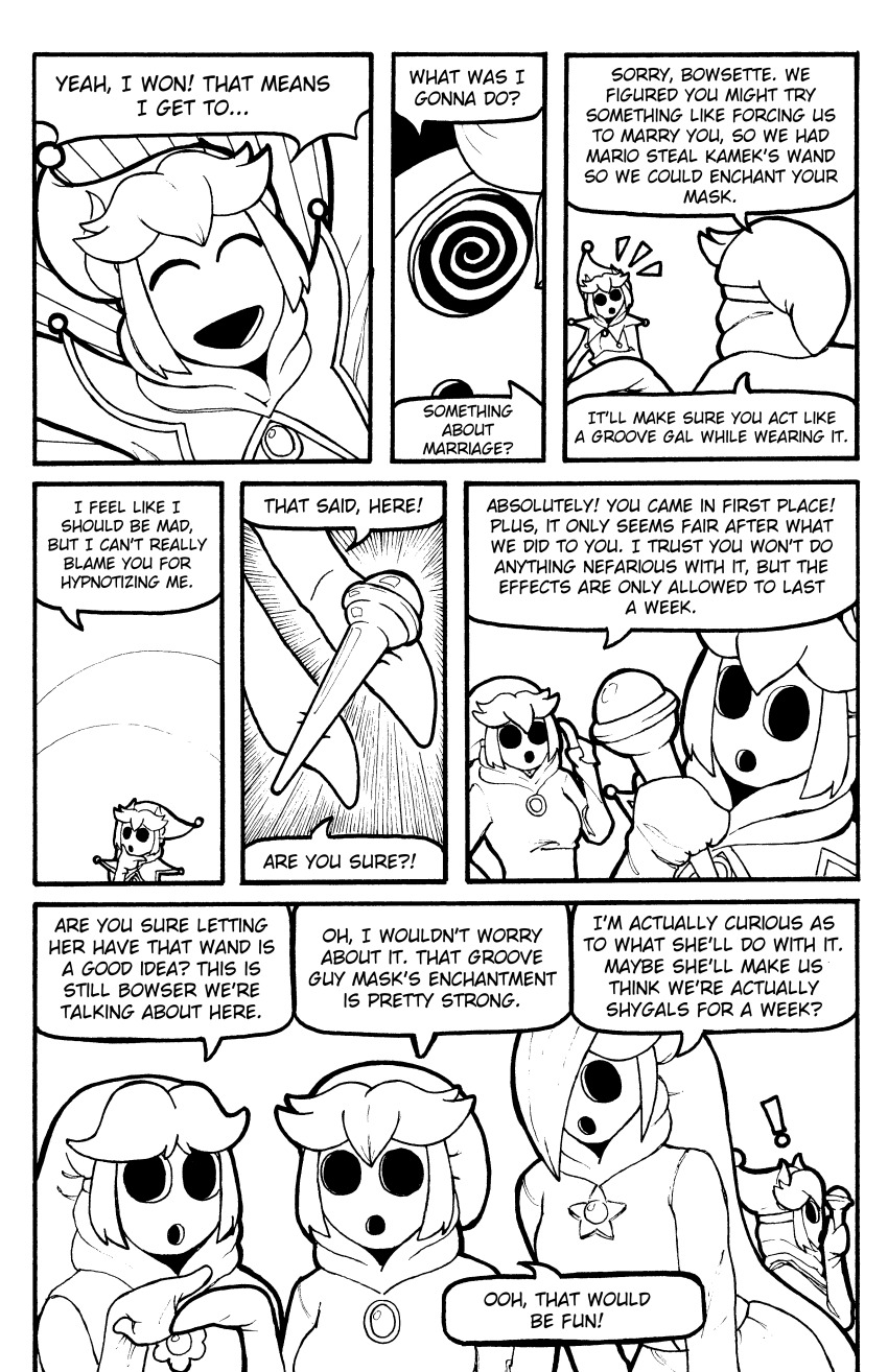 absurdres bowsette clothed comic dialogue english_text femsub greyscale hair_covering_one_eye horns jester jesturia mask multiple_girls new_super_mario_bros._u_deluxe nintendo open_mouth princess princess_daisy princess_peach princess_rosalina royalty shyguy speech_bubble spiral_eyes spiralwash_eyes super_crown super_mario_bros. super_mario_galaxy tagme text transformation turning_the_tables