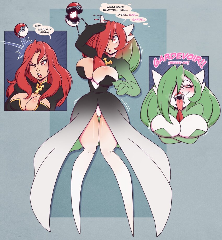 ahegao bare_legs before_and_after blush breasts breath cleavage clothed comic dialogue dress eye_roll female_only femsub gardevoir green_hair green_skin hair_covering_one_eye hair_growth heart heart_eyes hourglass_figure huge_breasts knees_together light_skin lipstick magic:_the_gathering makeup nintendo one_eye_open open_mouth original panties pokeball pokemon red_eyes red_hair red_lipstick serena_(goldnightangel) simple_background speech_bubble standing symbol_in_eyes text thigh_gap tongue tongue_out transformation underwear white_skin wide_hips wrenzephyr2