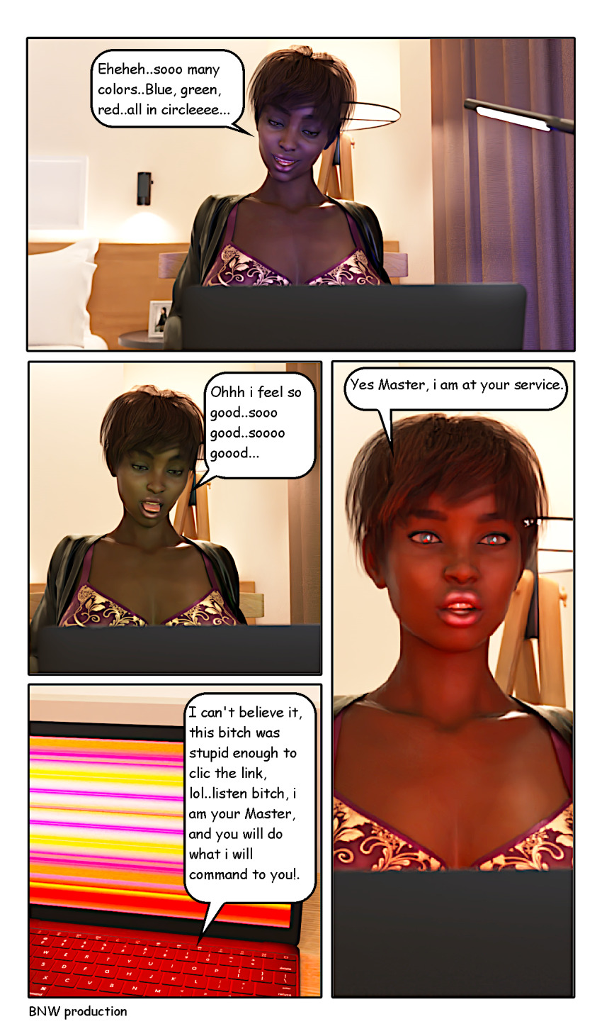 3d artist_request breasts brown_hair cleavage collarbone comic computer dark_skin femsub hard_translated huge_breasts maledom original pink_lipstick short_hair tech_control text translated