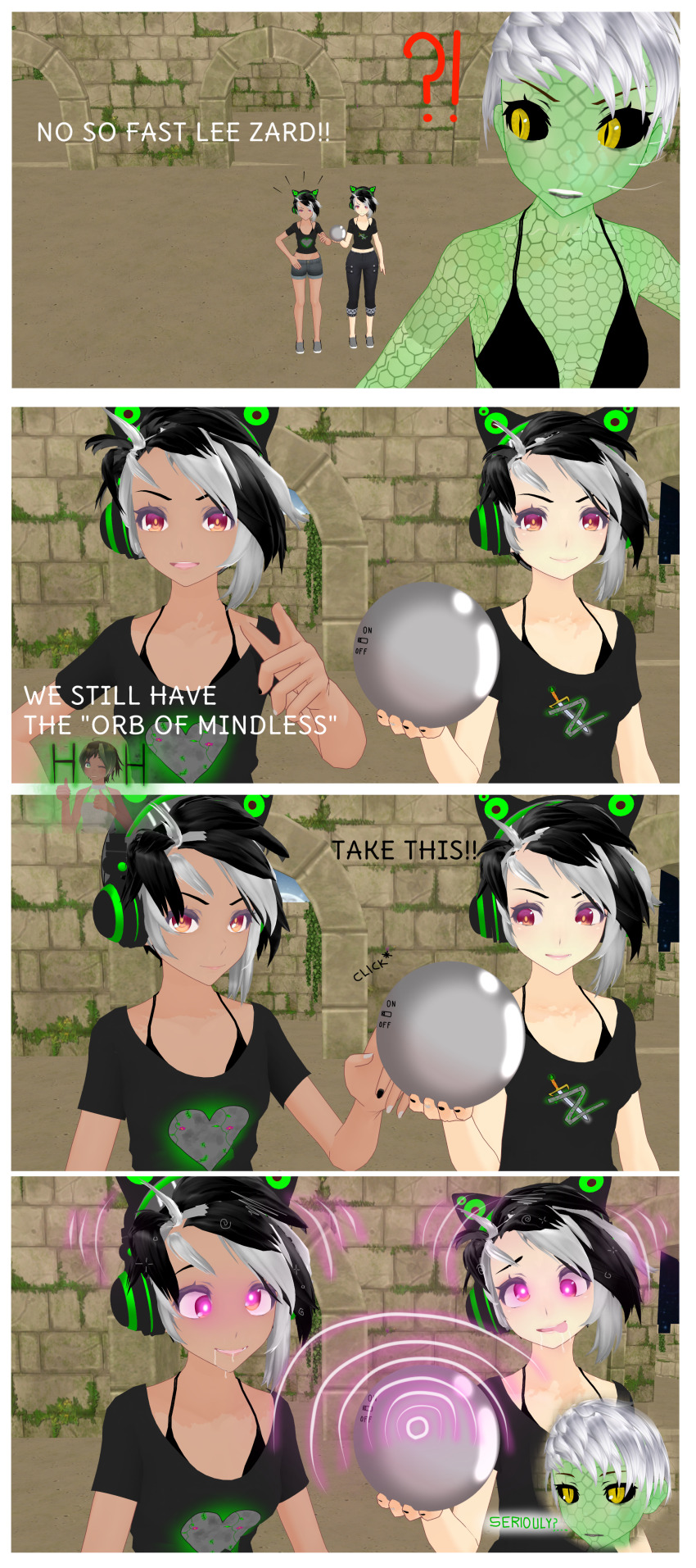 3d absurdres accidental_hypnosis black_hair comic dark_skin drool female_only femsub happy_trance helenakaalover open_mouth original self_hypnosis short_hair smile text twins