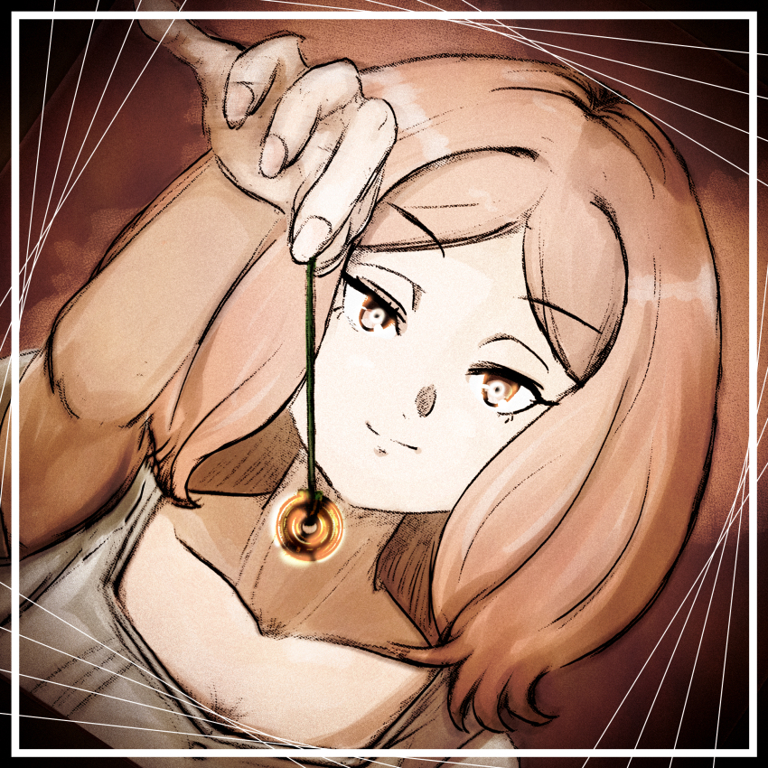 brown_eyes brown_hair clothed collarbone dress edel_(frieren:_beyond_journey's_end) eyebrows_visible_through_hair female_only femdom frieren:_beyond_journey's_end glowing_eyes looking_at_viewer pendulum pov_sub smile solo souji_oniwa