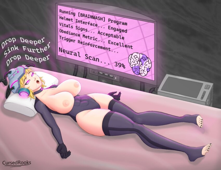 abs barefoot blonde_hair brain breasts cables collar computer cursedrooks dazed exposed_chest femsub glowing glowing_eyes helmet knees_together leotard lying mantra monitor muscle_girl nail_polish nipples open_mouth original pillow pink_eyes progress_indicator short_hair stirrups tech_control text thighhighs toenail_polish tubes