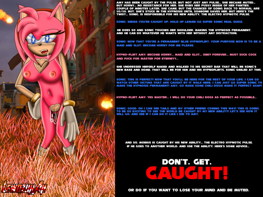 absurdres amy_rose bottomless breasts dialogue drool exkaizuhan femsub furry hedgehog_girl maledom nude pussy_juice sonic_the_hedgehog sonic_the_hedgehog_(series) spiral_eyes symbol_in_eyes text topless