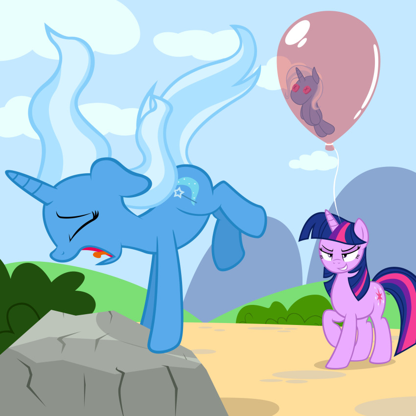 absurdres animals_only balloon blue_hair body_control closed_eyes femdom femsub floating hooves horns horse long_hair magic multicolored_hair my_little_pony navitaserussirus non-human_feet open_mouth pink_hair purple_hair smile straight-cut_bangs the_great_and_powerful_trixie twilight_sparkle unicorn voodoo_doll