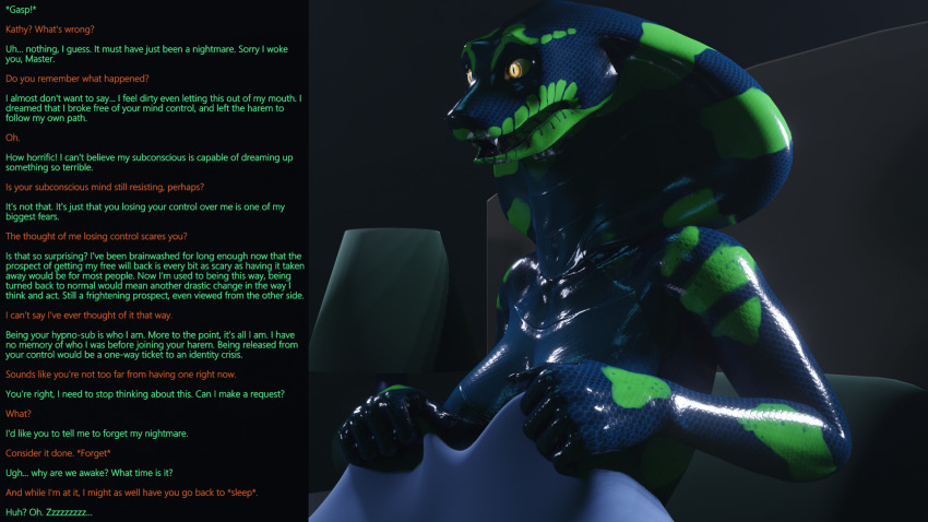 3d after_sex amnesia aware bed bedroom caption covering dialogue femsub furry kathy_(thalarynth) original pov_dom scalie sleep_command slit_pupils snake_girl text thalarynth_(manipper) trigger wholesome yellow_eyes