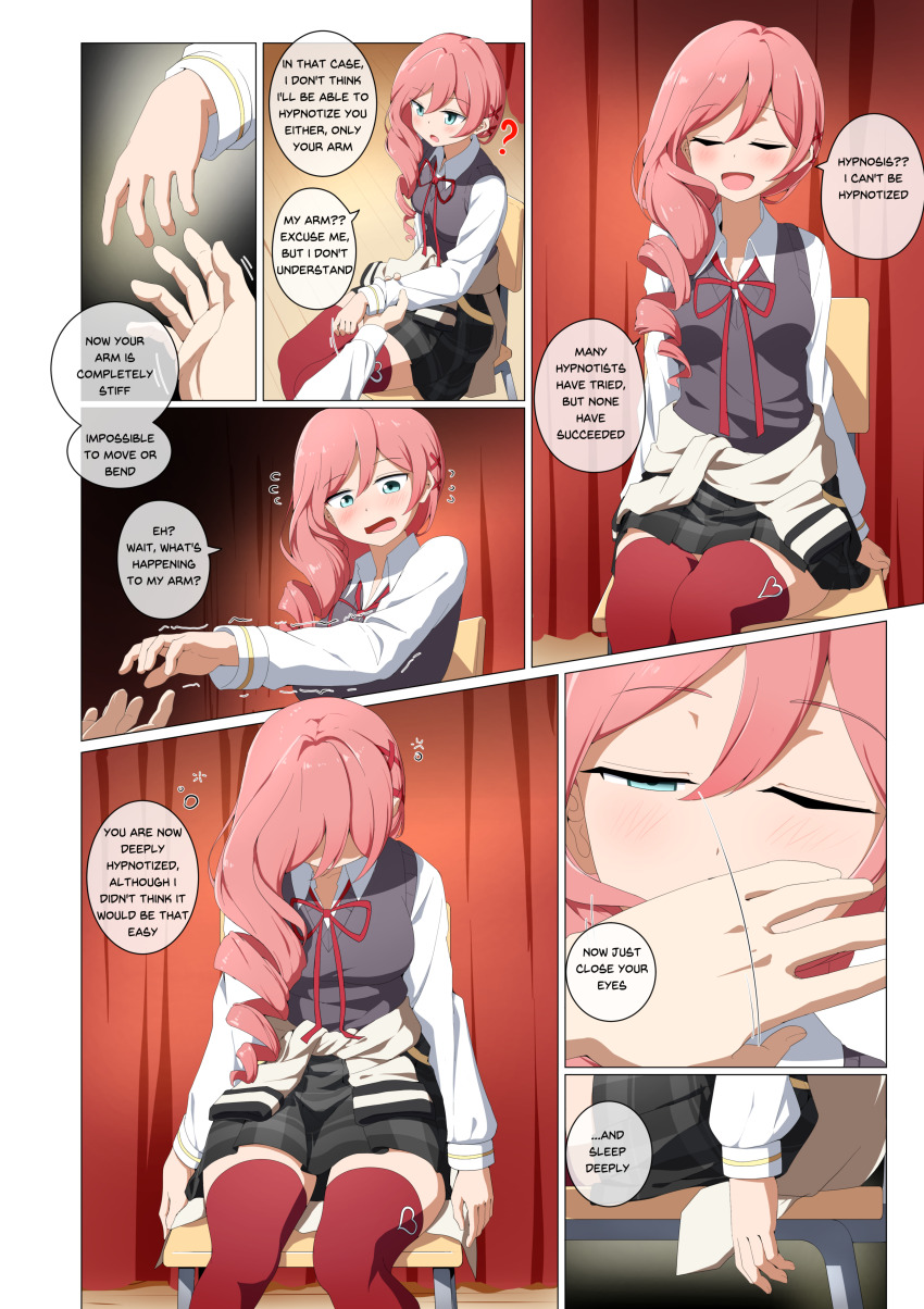 before_and_after catalepsy chair comic denial etlabsotwe femsub maledom pink_hair school_uniform shoujo_kageki_revue_starlight sitting sleep_command sleeping slouching stage_hypnosis text yachiyo_tsuruhime