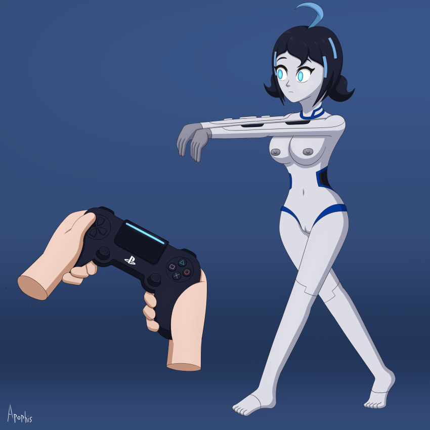 absurdres black_hair blue_eyes body_control bottomless breasts cleavage expressionless femsub game_controller glowing glowing_eyes grey_skin hypno_apophis nude original remote_control robot short_hair tech_control topless twintails zombie_walk