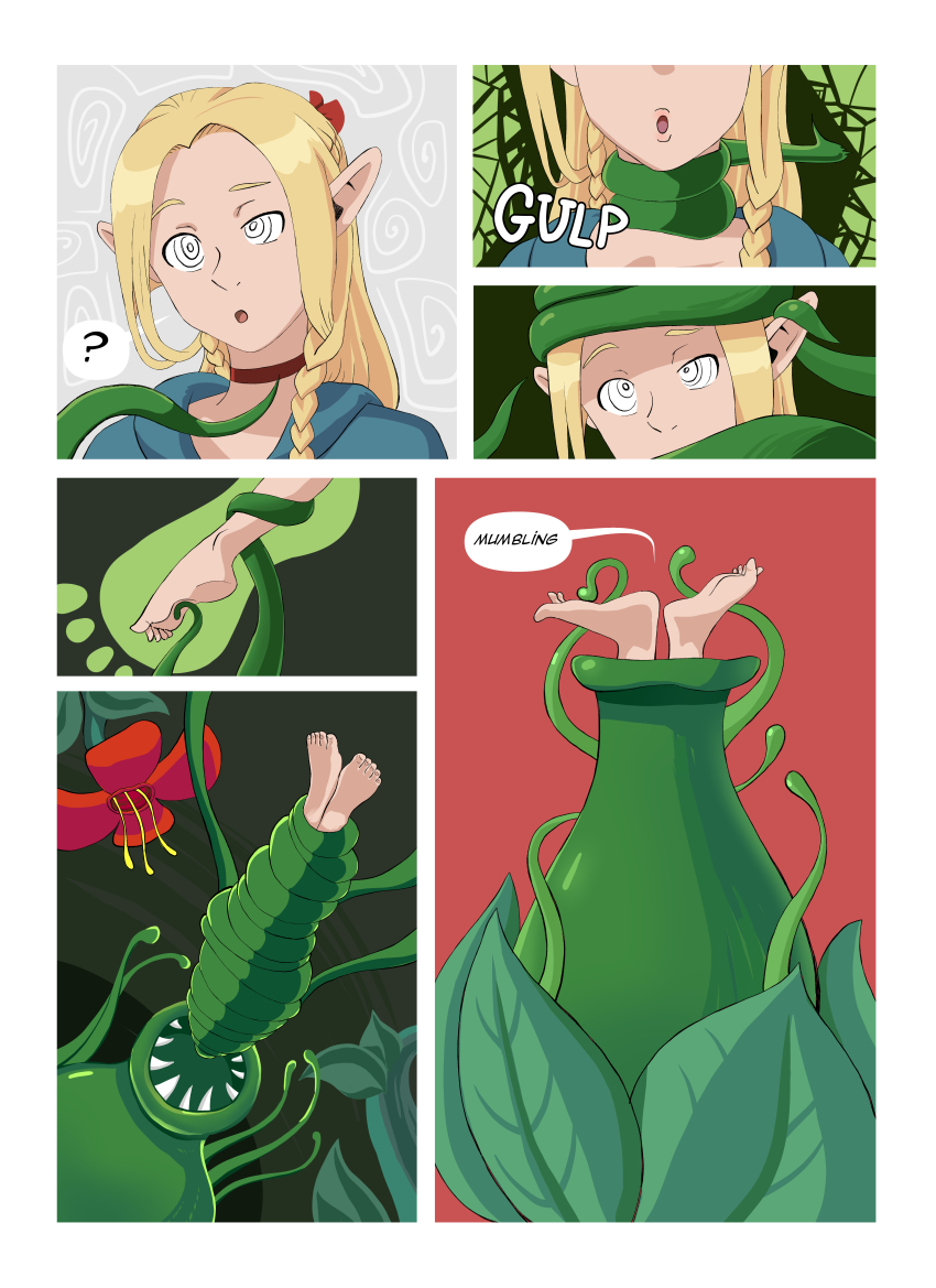 blonde_hair comic delicious_in_dungeon elf elf_ears feet femsub foot_focus glatu green_eyes marcille_donato plant spiral_eyes surprised tentacles text tickling vore