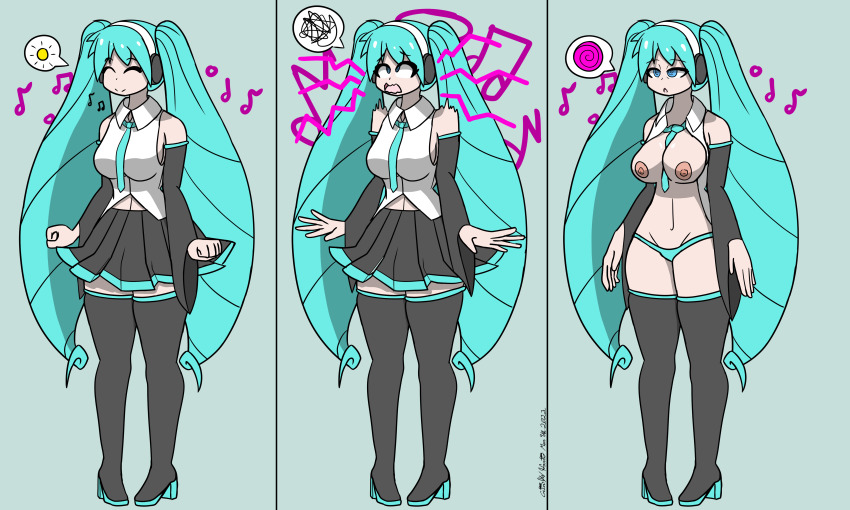 absurdres bangs bare_breasts bare_shoulders before_and_after blue_eyes blue_hair breasts cleavage clothed_exposure comic exposed_chest expressionless eyebrows_visible_through_hair eyelashes female_only femsub headphones high_heels hypnotic_music instant_loss large_breasts long_hair miku_hatsune music navel nipples open_clothes open_mouth pale_skin shirt signature skirt sleepy sobergin speech_bubble standing surprised text thick_thighs thigh_boots thighs tie twintails undressing unhappy_trance vocaloid