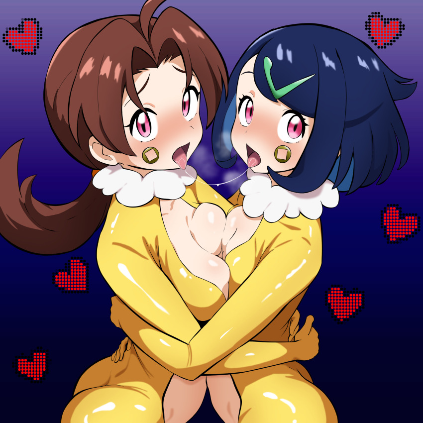 ahoge alternate_costume black_hair blush bodysuit breast_press breasts brown_hair collarbone delia_ketchum female_only femsub hair_clips hair_ornament heart hug hypno hypno_outfit large_breasts liko_(pokemon) long_hair looking_at_viewer milf multicolored_hair multiple_girls multiple_subs nintendo open_mouth pink_eyes pokemon pokemon_(anime) ponytail short_hair small_breasts spit_trail symmetrical_docking tongue tongue_out yuri