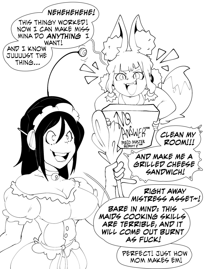 black_hair dialogue faetomi feather_duster femdom femsub fox_ears fox_girl fox_tail happy_trance humor kitsune_girl maid maid_headdress mina_morgan_(somebodyiusedtohypno) monochrome original sketch speech_bubble tagme text