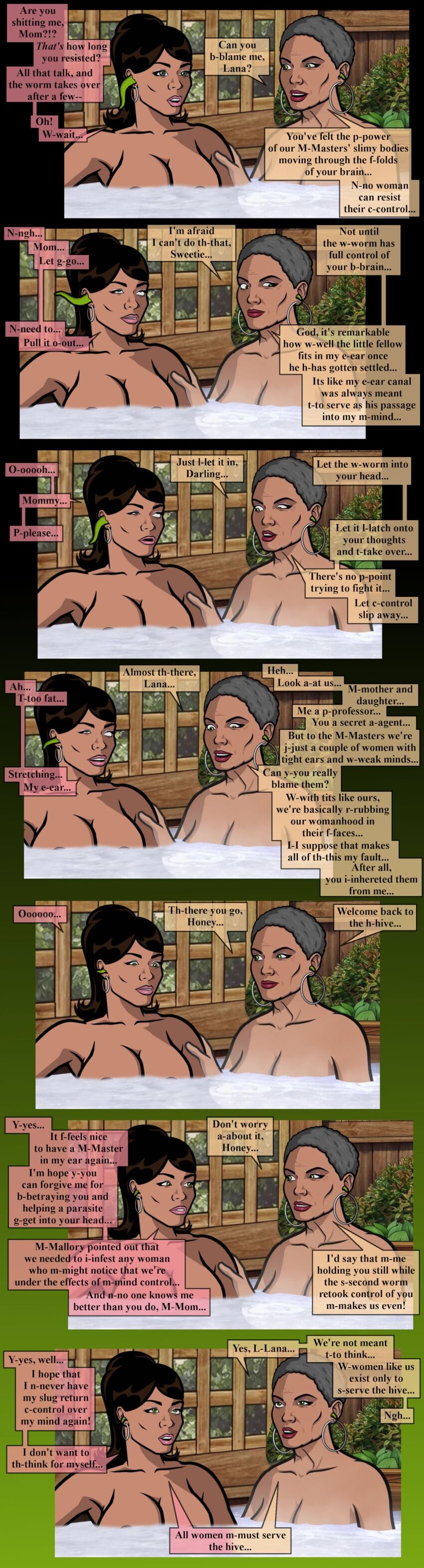 archer_(series) aware black_hair blue_eyes breasts brown_eyes claudette_kane dialogue earrings english_text eye_roll female_only femsub green_eyes grey_hair guyman806 lana_kane_(archer) milf mother_and_daughter multiple_girls multiple_subs nipples nude parasite resisting text worm
