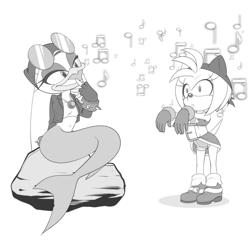 absurdres amy_rose bracelet erohd female_only femdom femsub furry greyscale hypnotic_music mermaid monochrome necklace open_mouth simple_background siren sonic_prime sonic_the_hedgehog_(series) standing standing_at_attention sunglasses wave_the_swallow white_background zombie_walk