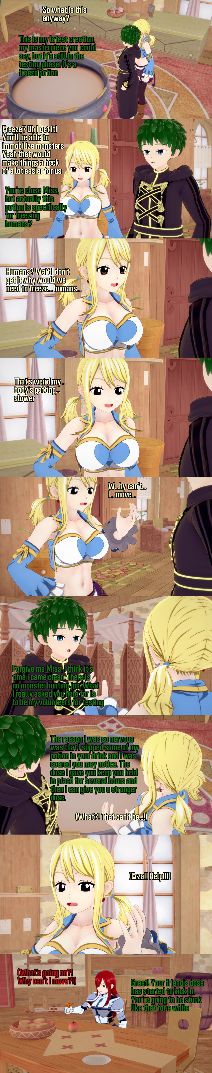 absurdres armor aware blonde_hair blue_eyes body_control brown_eyes clothed dialogue drinking english_text erza_scarlet fairy_tail femsub green_hair hair_covering_one_eye hypnotic_drink long_hair lucy_heartfilia maledom multiple_girls multiple_subs red_eyes red_hair short_hair text zenin1