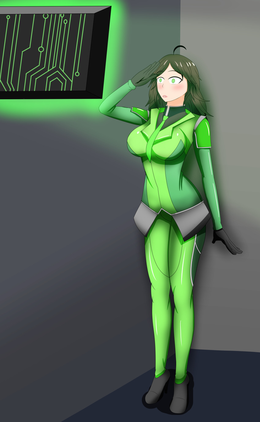 ahoge black_hair blush bodysuit breasts business_suit dazed female_only femsub gloves green_eyes high_heels hypnotic_screen large_breasts lipstick long_hair original saluting shrunken_irises skirt soex solo standing standing_at_attention suit tech_control tie