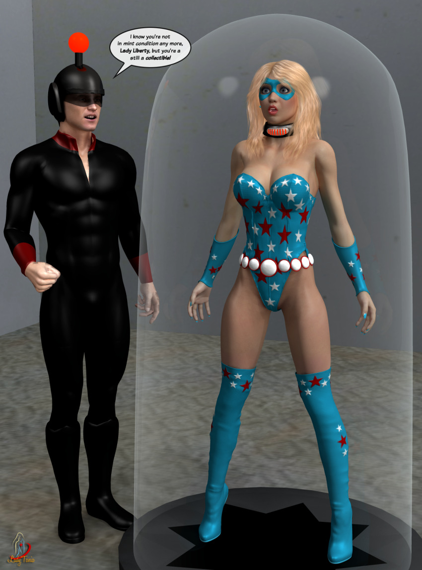 3d antenna bare_shoulders belt blonde_hair blue_eyes bodysuit boots bracers breasts cleavage collar dazed dialogue expressionless eye_mask femsub helmet joystick_(ladytania) lady_liberty_(ladytania) ladytania leotard long_hair maledom mask nail_polish open_mouth original speech_bubble stasis_tank super_hero tech_control text thigh_boots thighhighs watermark