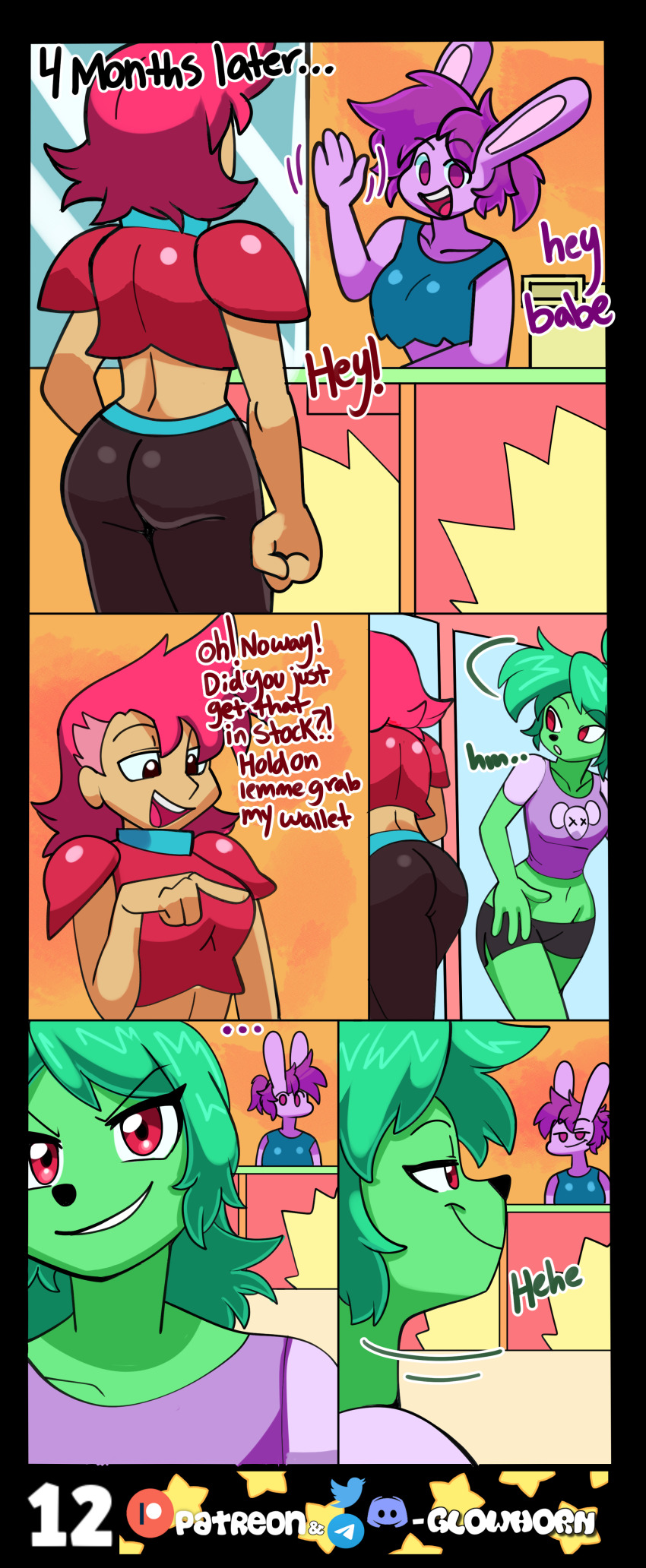 absurdres breasts bunny_girl cartoon_network cheating clothed comic corruption dialogue enid_(ok_ko) evil_smile female_only fink_(ok_ko) furry glowhorn green_hair looking_back ok_k.o.!_let's_be_heroes pants ponytail purple_eyes purple_hair rat_girl red_action red_eyes red_hair shirt shorts simple_background smile smirk smug table text