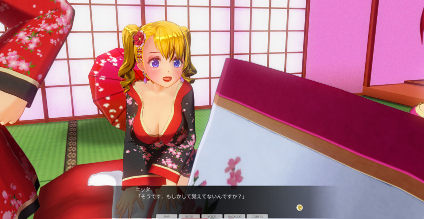 3d blonde_hair blue_eyes blush breasts chelsea_(mc_trap_town) cleavage curly_hair dialogue etta_(mc_trap_town) female_only japanese_clothing kamen_writer_mc kimono large_breasts lipstick mc_trap_town multiple_girls red_lipstick rina_(mc_trap_town) screenshot text thighhighs translated twintails