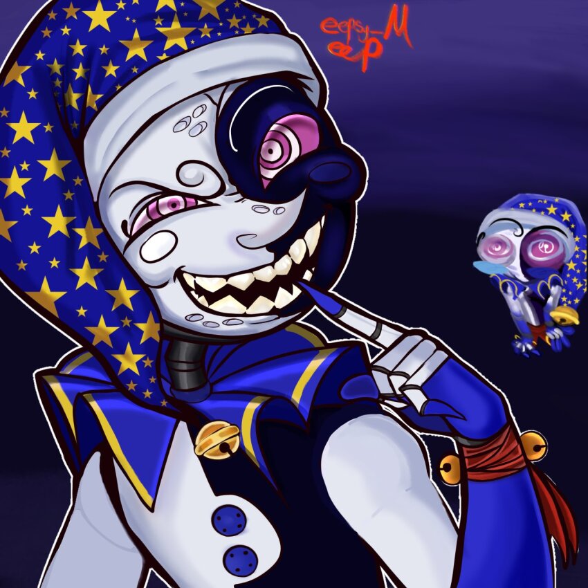 evil_smile fangs five_nights_at_freddy's five_nights_at_freddy's:_security_breach male_only maledom moondrop open_mouth ring_eyes rules_orange sharp_teeth smile