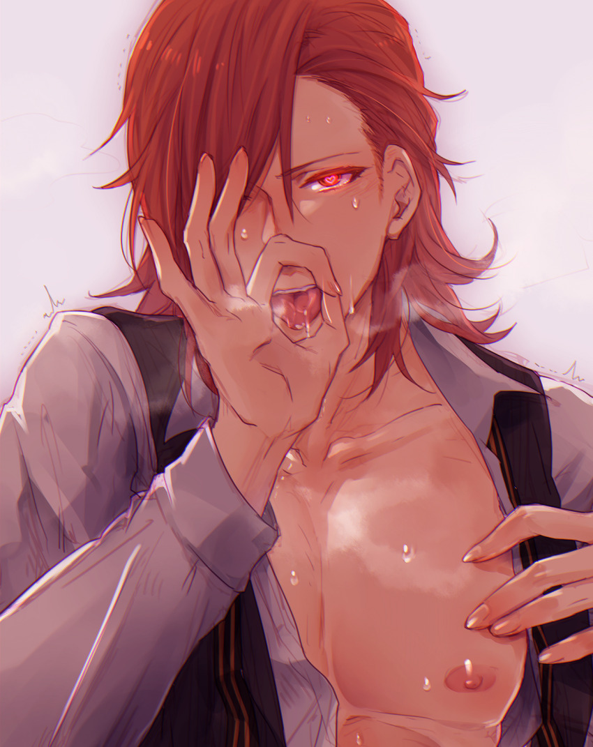 blush drool glowing glowing_eyes granblue_fantasy heart heart_eyes long_hair male_only malesub nipples open_clothes open_mouth open_shirt percival_(granblue_fantasy) red_eyes red_hair sweat symbol_in_eyes tongue tongue_out yaoi