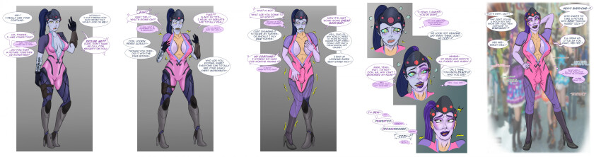 absurdres breast_expansion breasts bulge cosplay dialogue diggerman erection erection_under_clothes eyeshadow fake_breasts genderswap gloves hand_on_hip high_heels makeup malesub masculinization open_mouth original overwatch public_use purple_hair purple_lipstick purple_skin simple_background speech_bubble spiral_eyes symbol_in_eyes text tongue tongue_out white_background widowmaker
