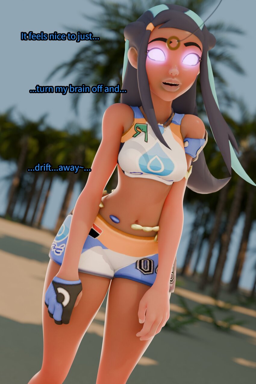 3d black_hair blue_hair clothed dark_skin dialogue english_text femsub legoguy9875 multicolored_hair nessa_(pokemon) nintendo pendulum pink_eyes pokemon pokemon_sword_and_shield text