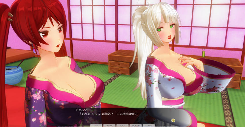 3d breasts chelsea_(mc_trap_town) cleavage dialogue female_only green_eyes kamen_writer_mc kimono large_breasts mc_trap_town multiple_girls ponytail red_eyes red_hair rina_(mc_trap_town) screenshot text translated twintails white_hair