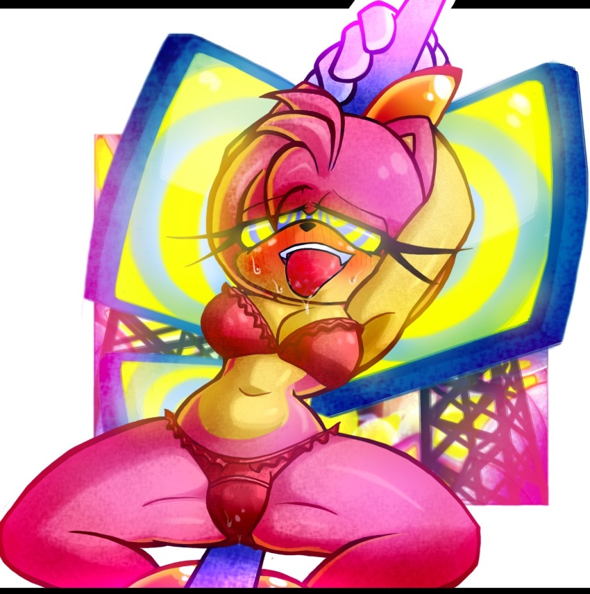 amy_rose arms_above_head blush drool femsub furry gloves happy_trance lingerie open_mouth pink_hair pole_dancing pstash pussy_juice sonic_the_hedgehog_(series) spiral spiral_eyes stripper sweat tech_control tongue tongue_out tv