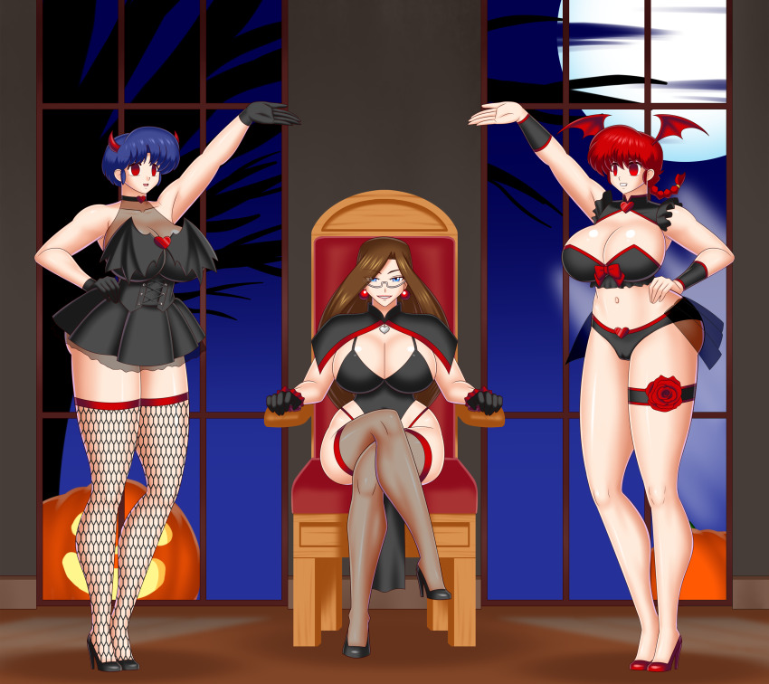 akane_tendo angela_smith_(daveyboysmith9) bare_shoulders blue_eyes blue_hair bluebullpen bow braid breasts cameltoe choker cleavage corruption crossed_legs earrings empty_eyes evil_smile femdom femsub fishnets glasses halloween heart high_heels horns huge_breasts jack_o'_lantern lingerie long_hair original ranma_1/2 ranma_saotome red_eyes red_hair short_hair story succubus thighhighs transformation wings