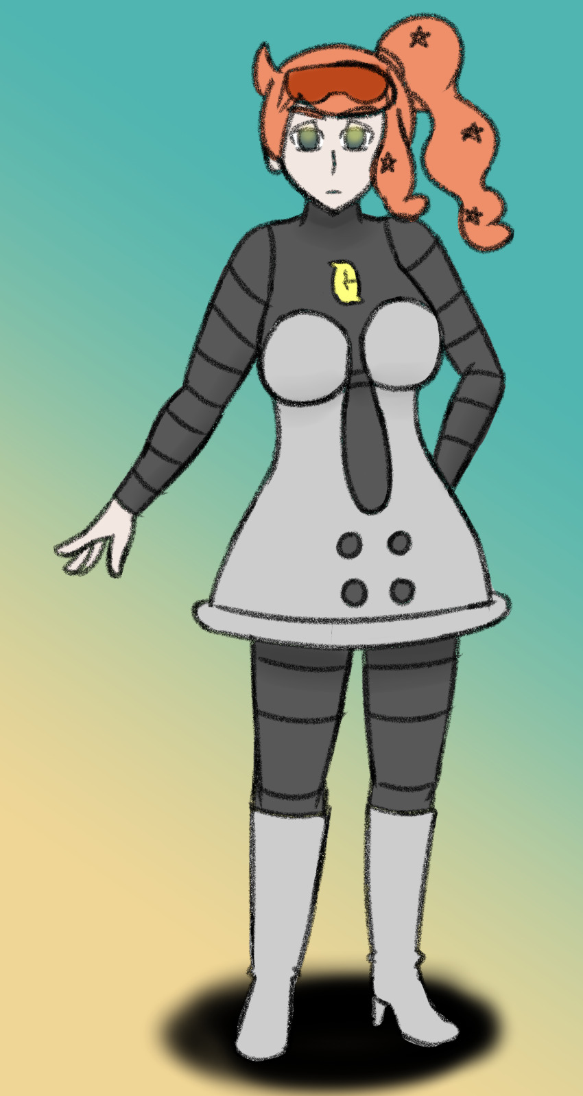 absurdres boots clothed dress empty_eyes enemy_conversion expressionless femsub gradient_background hair_ornament high_heels long_hair looking_at_viewer nintendo orange_hair pokemon pokemon_sword_and_shield ponytail posing side_ponytail simple_background solo sonia_(pokemon) standing sunglasses team_galactic usakiki