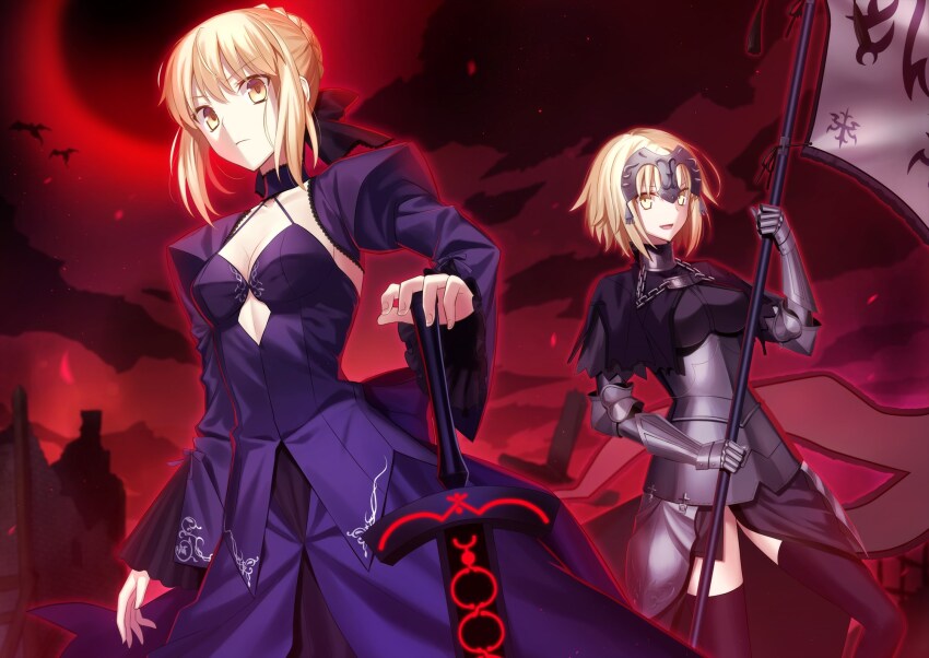 armor blonde_hair breasts corruption dragon empty_eyes fate/grand_order fate/stay_night fate_(series) femsub jeanne_d'arc_(fate) saber_alter short_hair small_breasts sword thighhighs weapon winter_snow yellow_eyes
