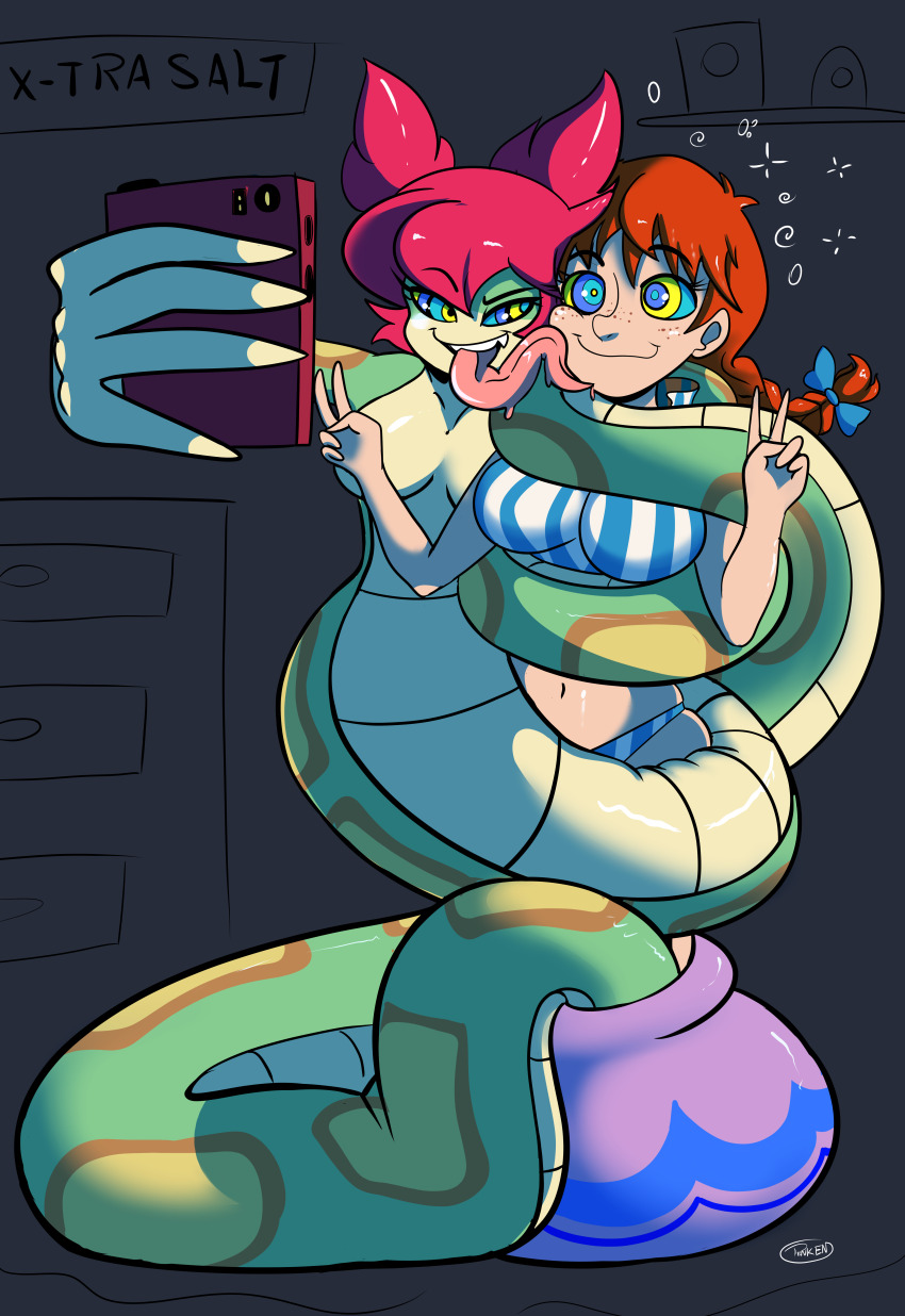 absurdres braid breasts camera coils double_v female_only femdom femsub freckles green_skin happy_trance hypnotic_eyes kaa_eyes large_breasts licking long_tongue monster_girl naga_girl open_mouth penken red_hair selfie shantae_(series) smile snake snake_girl tuki twin_braids v w_arms wendy's wendy_(wendy's)