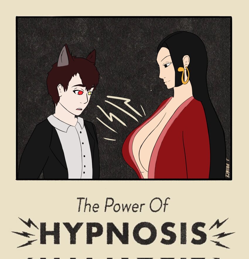 animal_ears black_eyes black_hair boa_hancock breasts brown_hair earrings femdom heterochromia heterosexual huge_breasts hypnotic_breasts jdthefallen malesub meme nievart one_piece open_clothes original red_eyes simple_background suit t-shirt text wolf_boy yellow_eyes