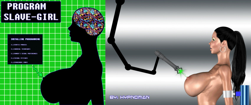 3d animated animated_gif arms_behind_back black_hair bondage bottomless brain breasts dazed erect_nipples expressionless female_only femsub huge_breasts hypnoman hypnotic_beam large_breasts long_hair nude open_mouth original ponytail solo tech_control text topless x-ray