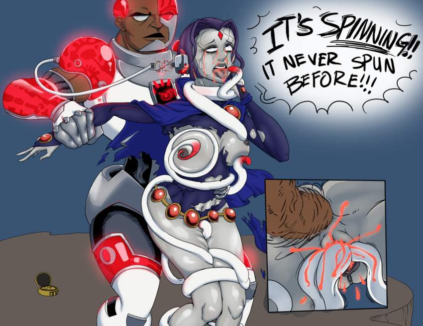 alternate_costume anal bottomless brain_injection breasts clothed_sex coils cum cum_in_mouth cum_in_pussy cum_on_body cum_on_face cyborg_(dc) dark_skin dc_comics dialogue double_penetration empty_eyes eye_roll femsub glowing glowing_eyes grey_skin hypnotized_dom hypnotized_rapist large_breasts maledom penis possession purple_hair pussy rape raven red_eyes sex short_hair smashko super_hero teen_titans tentacle_sex tentacles text tongue tongue_out topless torn_clothes vaginal