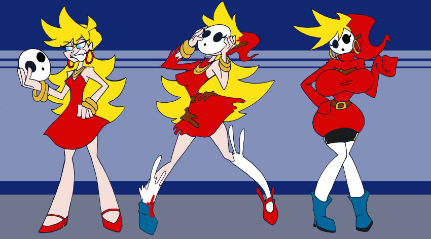 absurdres before_and_after blonde_hair breast_expansion breasts femsub high_heels huge_breasts hypnotic_accessory long_hair lordebonfuze mask necklace panty panty_and_stocking_with_garterbelt sequence shyguy solo transformation