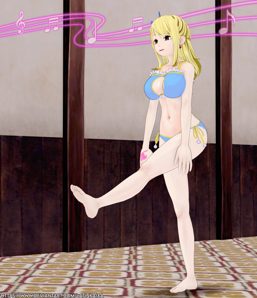 3d barefoot blonde_hair empty_eyes fairy_tail feet femsub hypnotic_music large_breasts latinkaixa long_hair lucy_heartfilia swimsuit