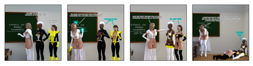 3d absurdres alternate_costume blonde_hair brown_hair cape collar comic corset cunnilingus dialogue emma_frost female_only femdom femsub high_heels humor kitty_pryde marvel_comics oral sexuality_change storm super_hero telepathy text theheckle thighhighs thong undressing white_hair x-men yuri